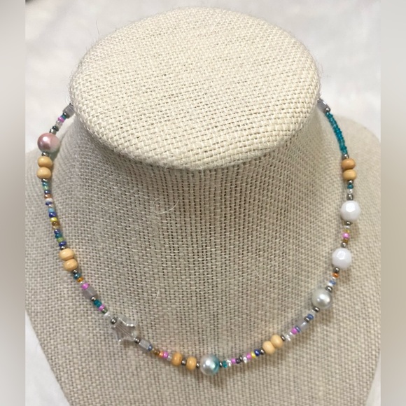 Hand Crafted Jewelry - Pink, Blue, & White Beaded Necklace with Star Charm (NWT)